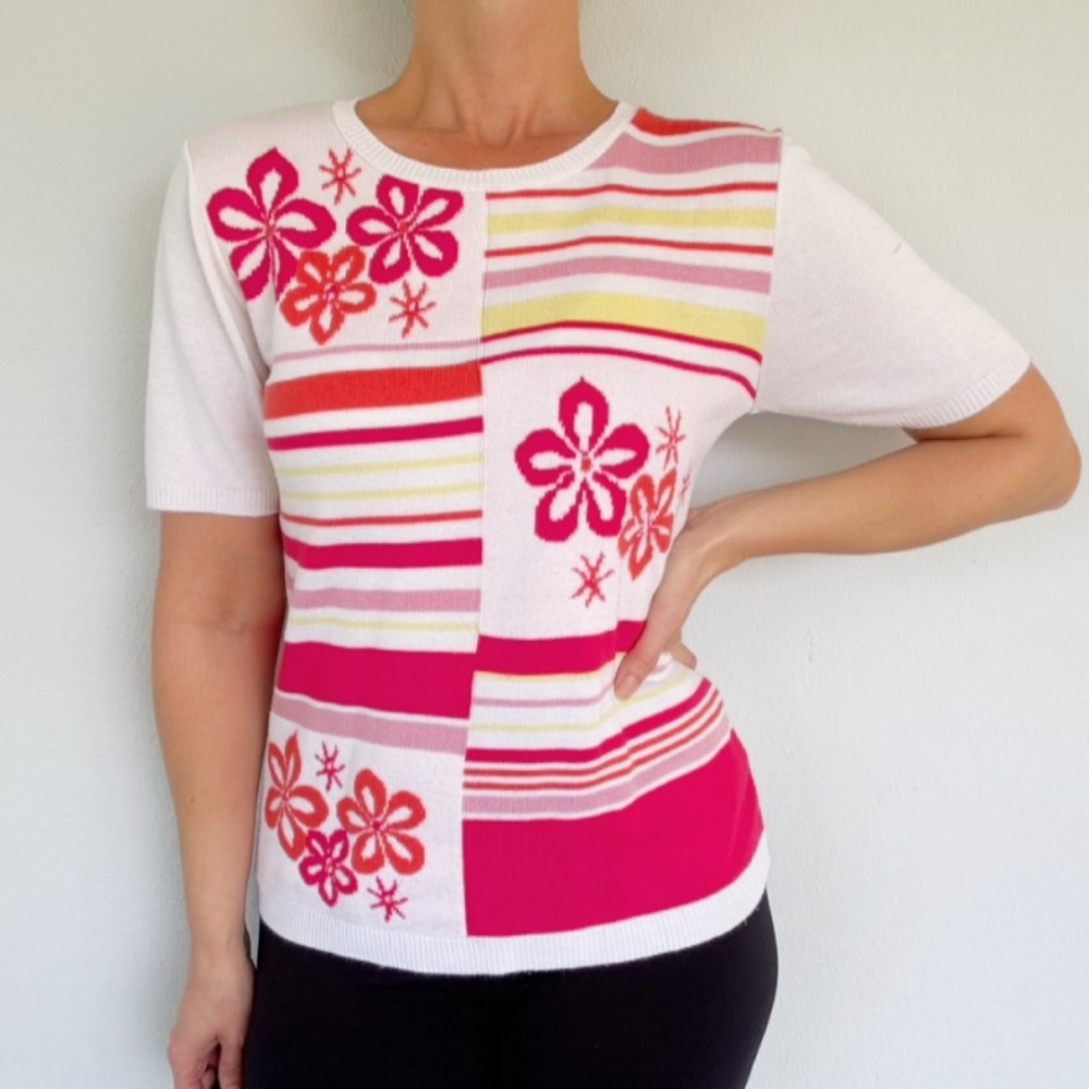Alfred Dunner Petite pink white floral print short sleeve knit sweater top large